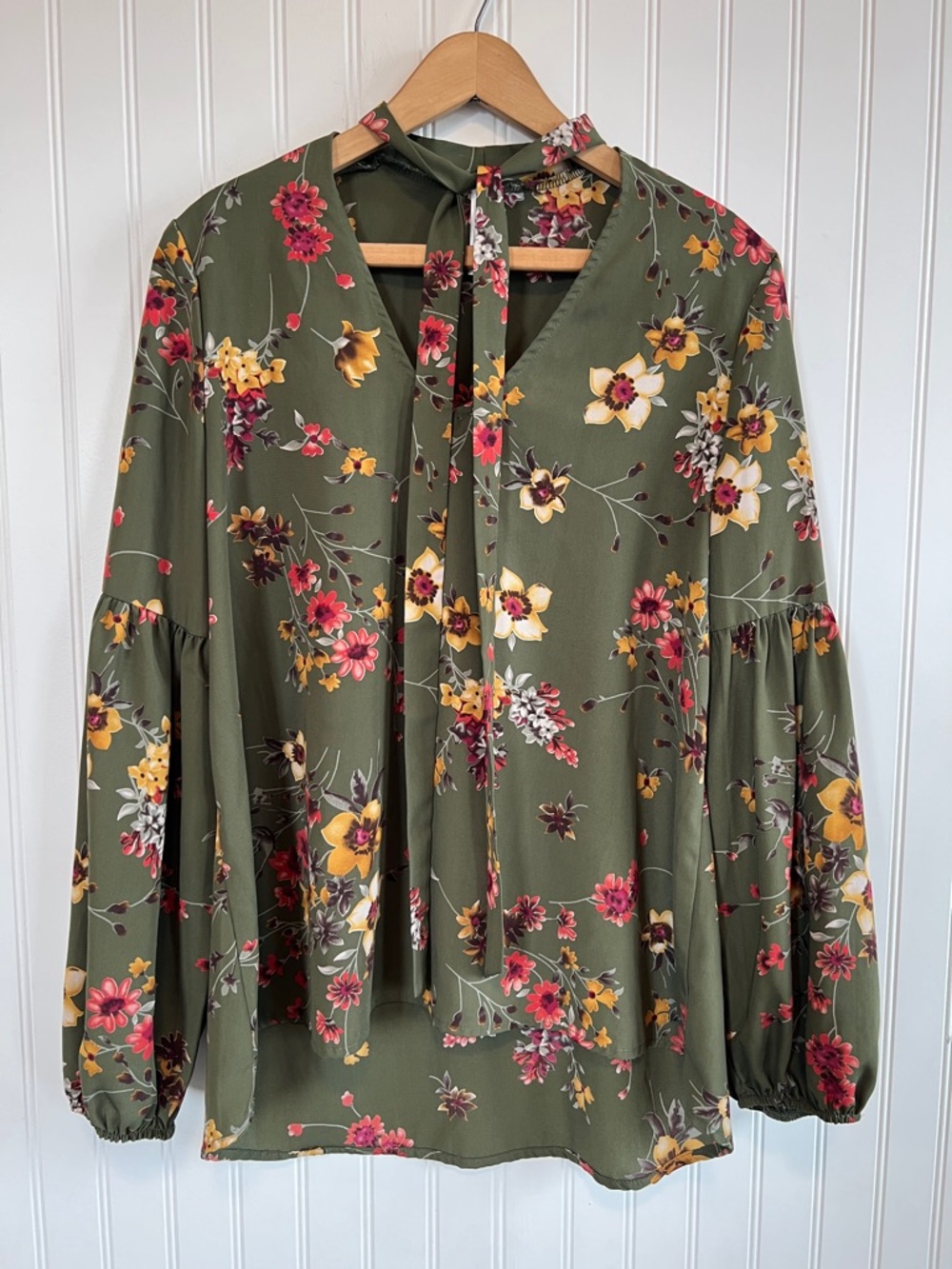 My Story Olive Floral Tie-Neck Blouse with Yellow and Pink Accents